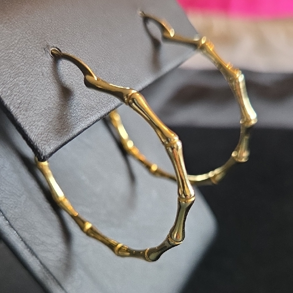 Gold Bamboo Hoop Earrings - Picture 6 of 8